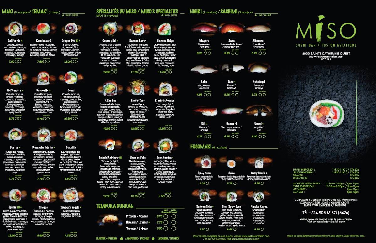Menu de Définitivement fermé - Miso Restaurant & Sushi Bar