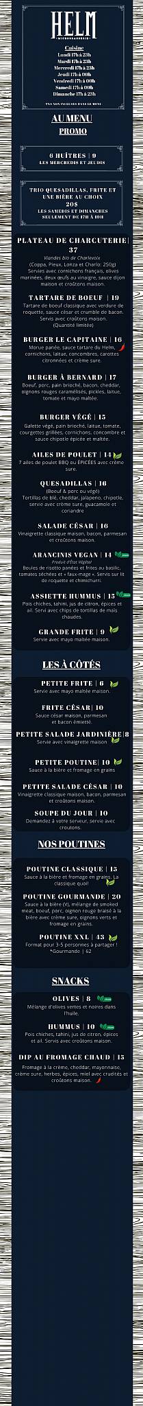 Menu de HELM - Microbrasserie sur Bernard