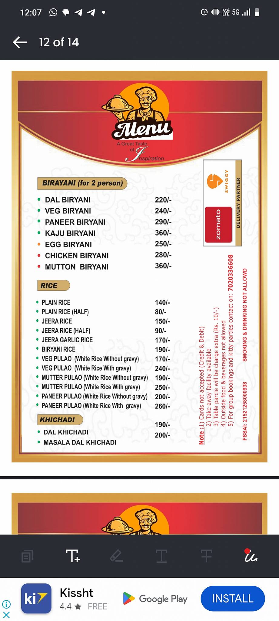 Moonlight Family Restaurant menu