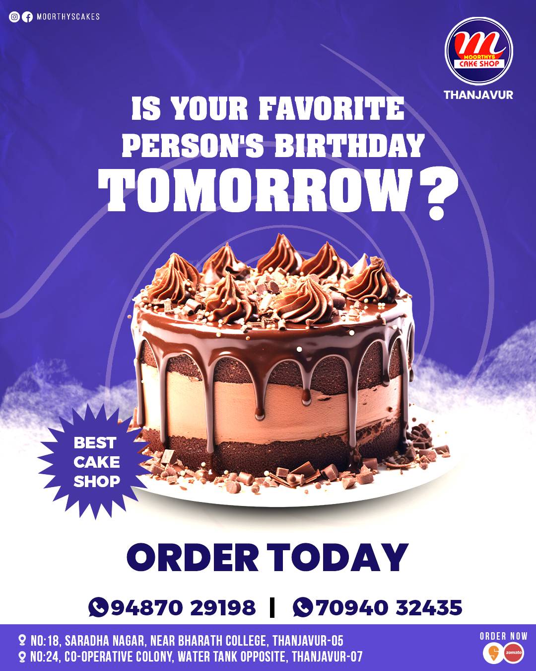 Moorthys Cake Shop menu