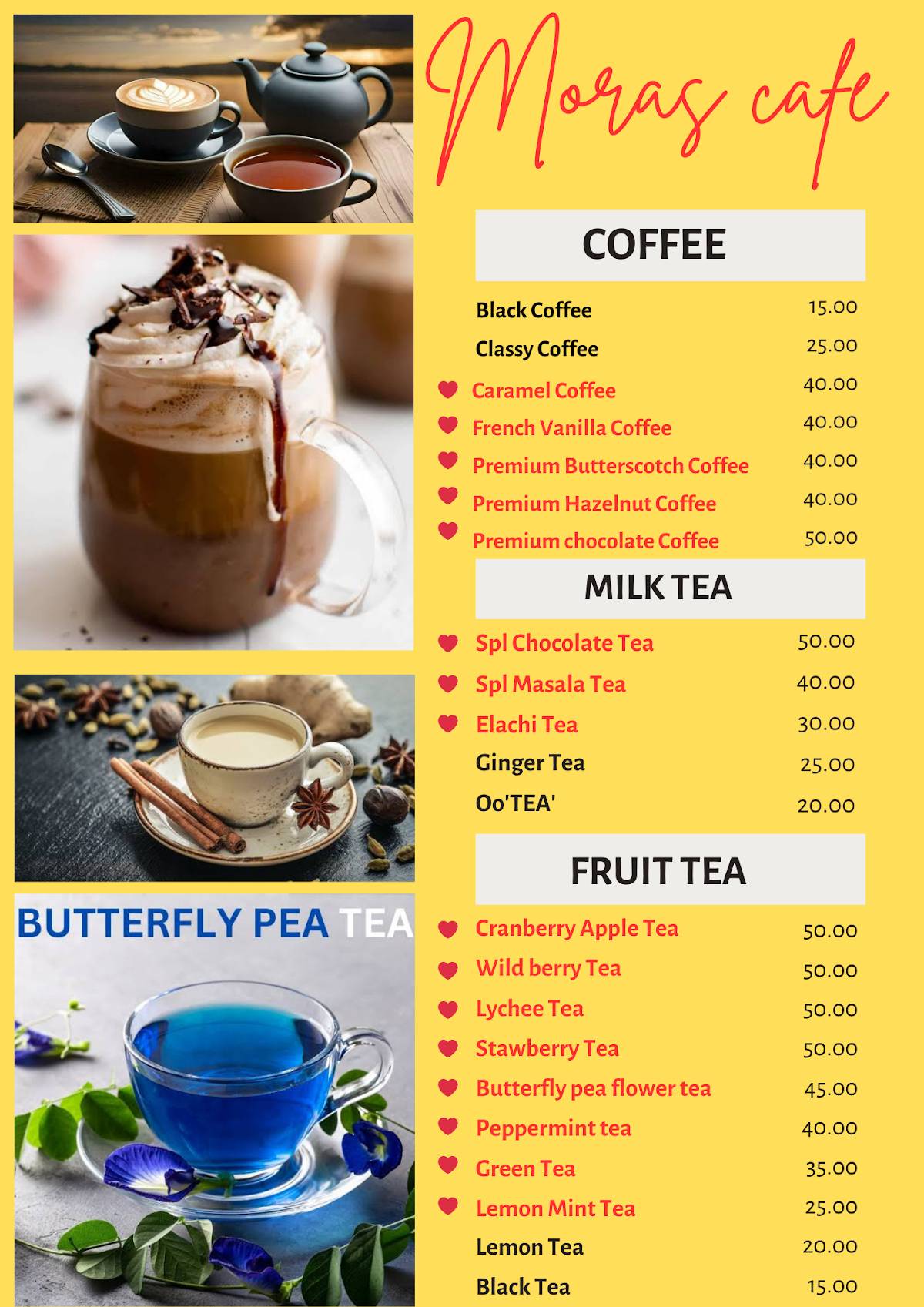Mora's cafe menu