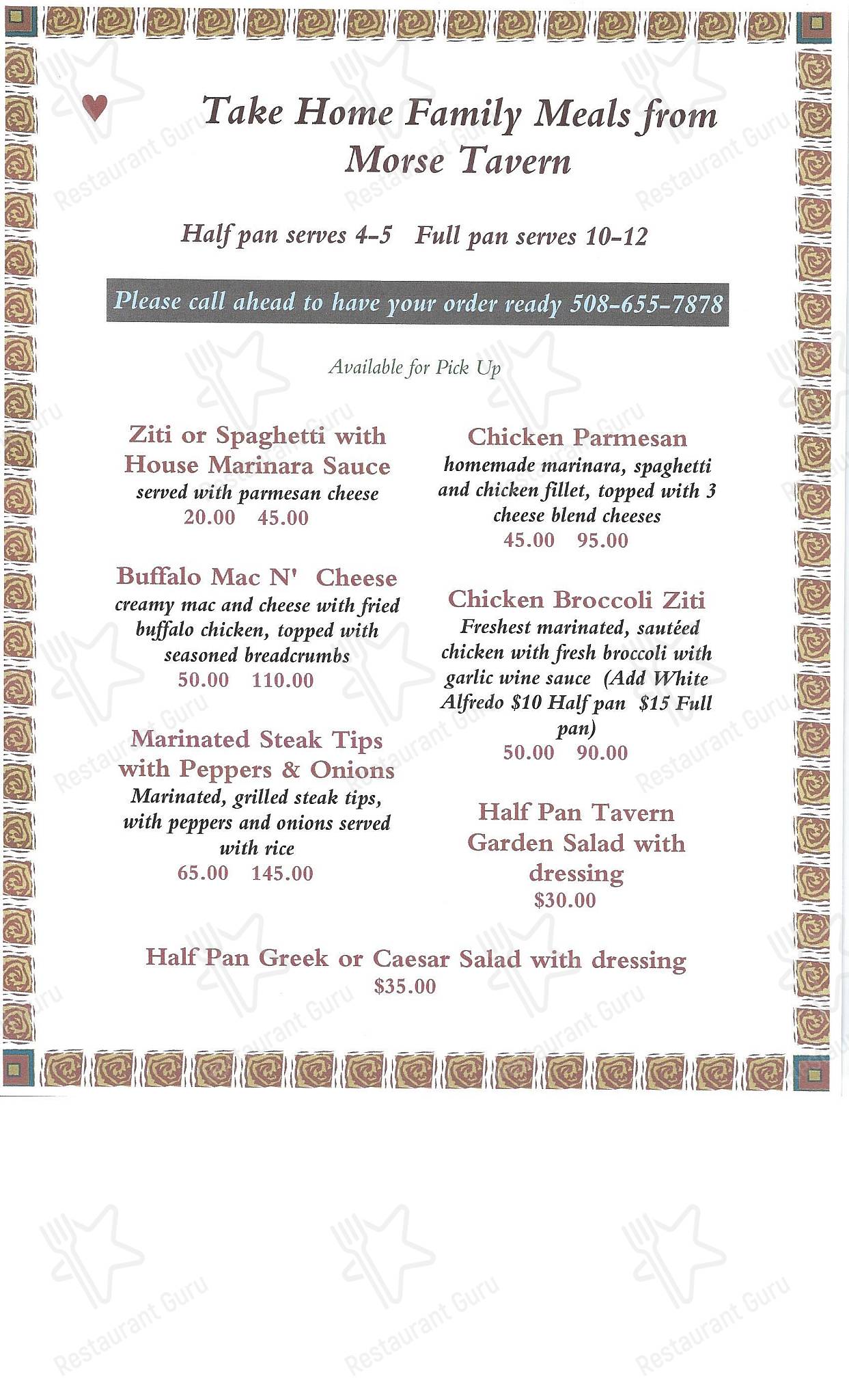 Menu at Morse Tavern pub & bar, Natick
