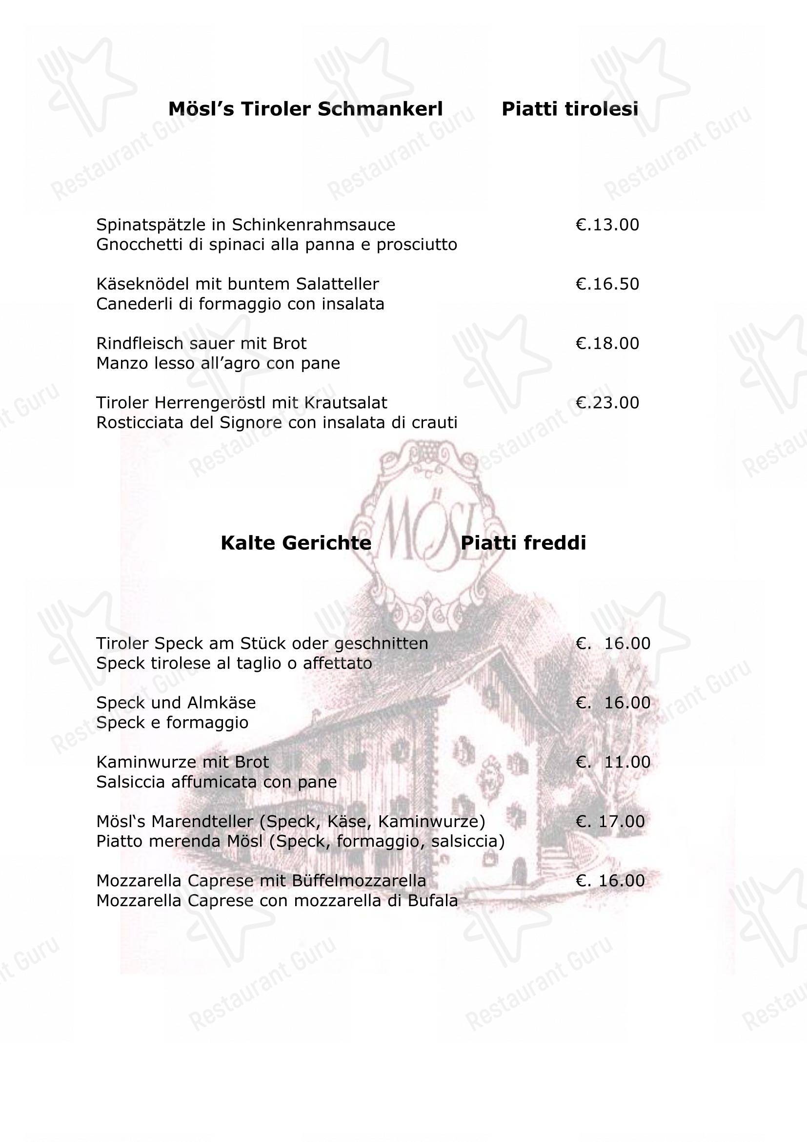 Mösl in Merano - Menu