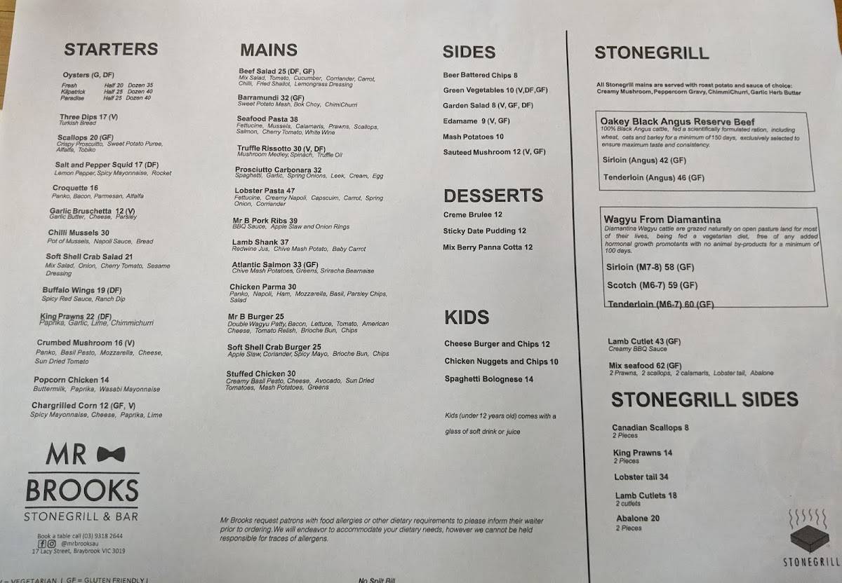 Menu at Mr Brooks Stonegrill & Bar, Braybrook