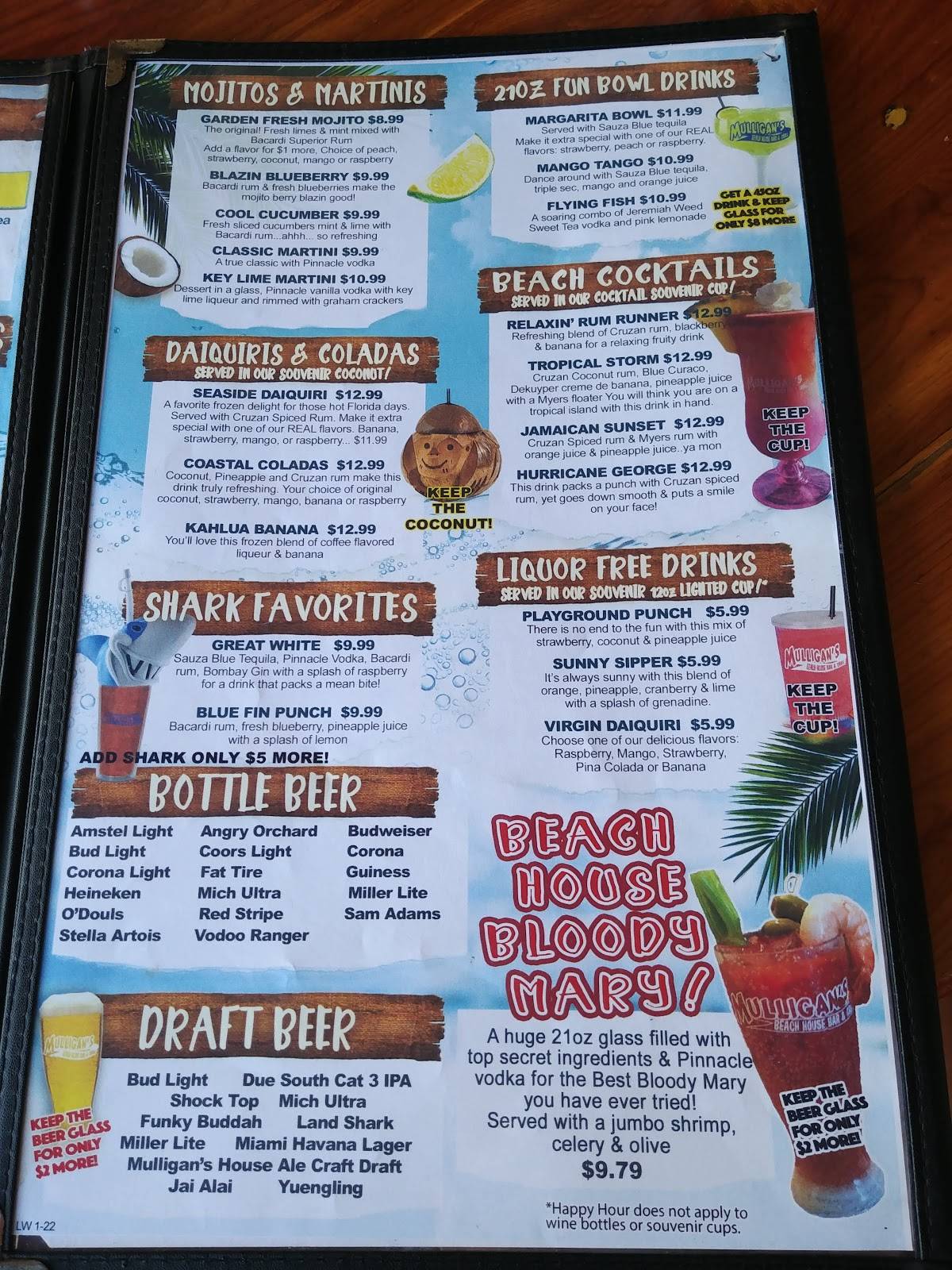 Menu at Mulligan's Beach House Bar & Grill Lake Worth, Lake Worth, 10 S