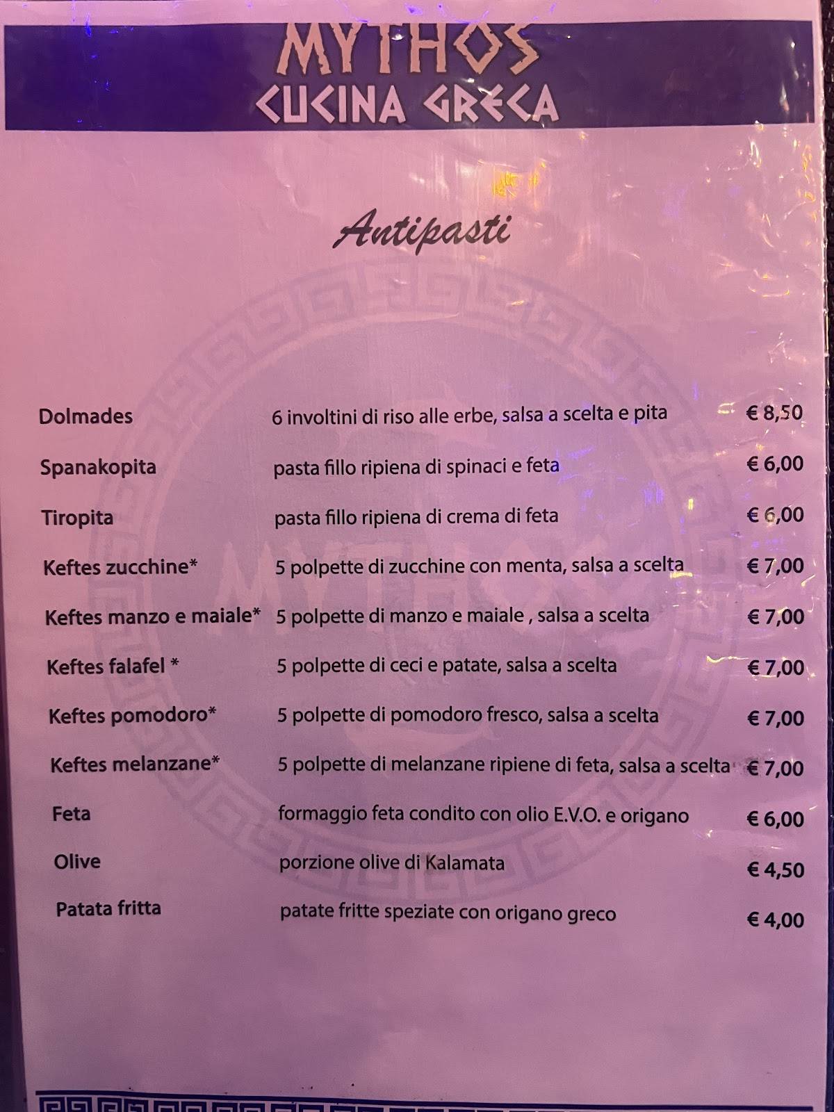 Menu da Mythos cucina greca ristorante, Roma, Via Tuscolana