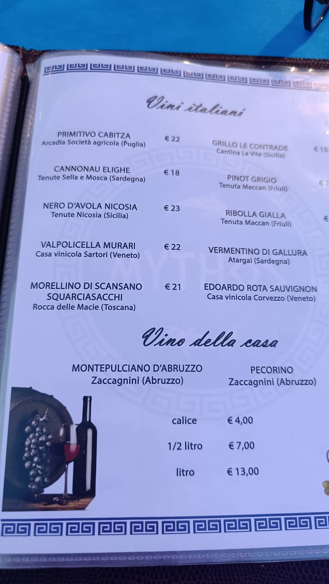 Menu di Mythos cucina greca 