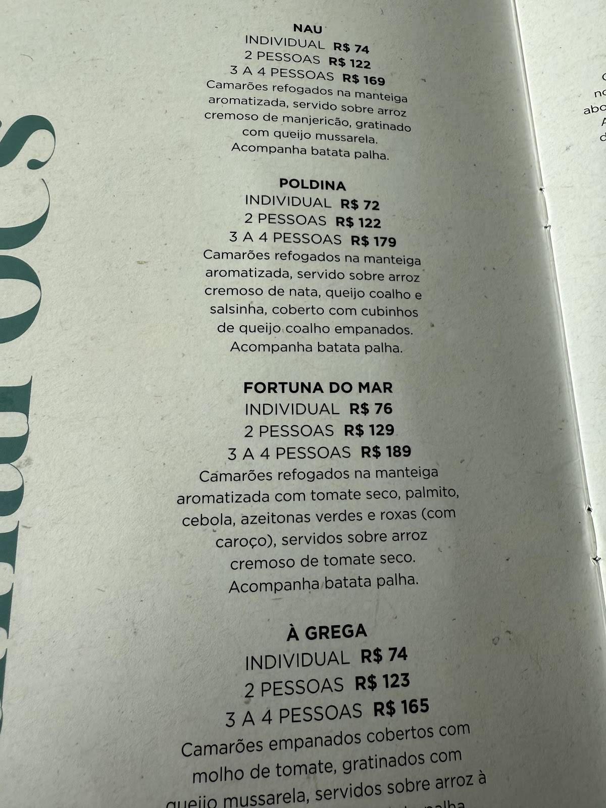Restaurante Nau Frutos Do Mar - Natal cardápio