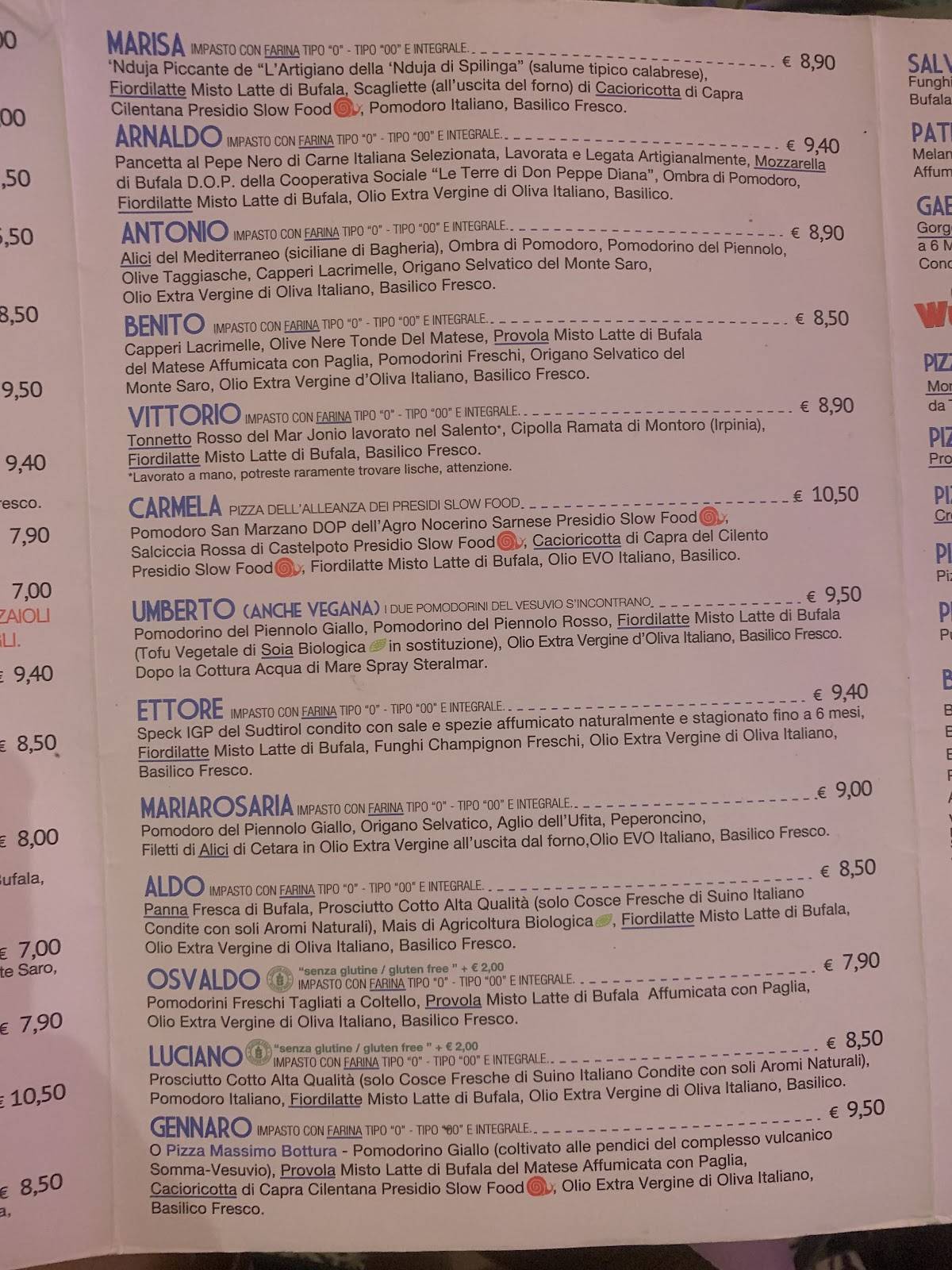 Menu di Gino e Toto Sorbillo 