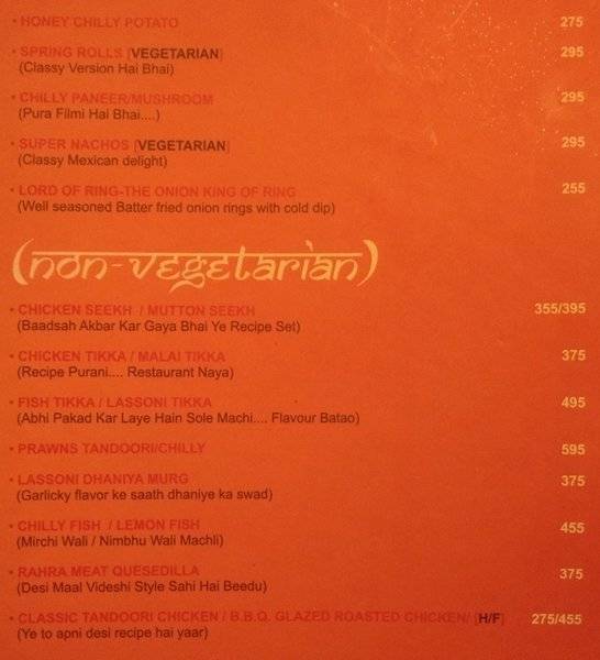 Bollywood Biistro menu