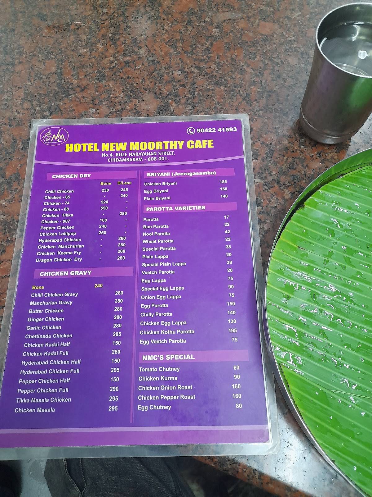 New Moorthy Cafe menu