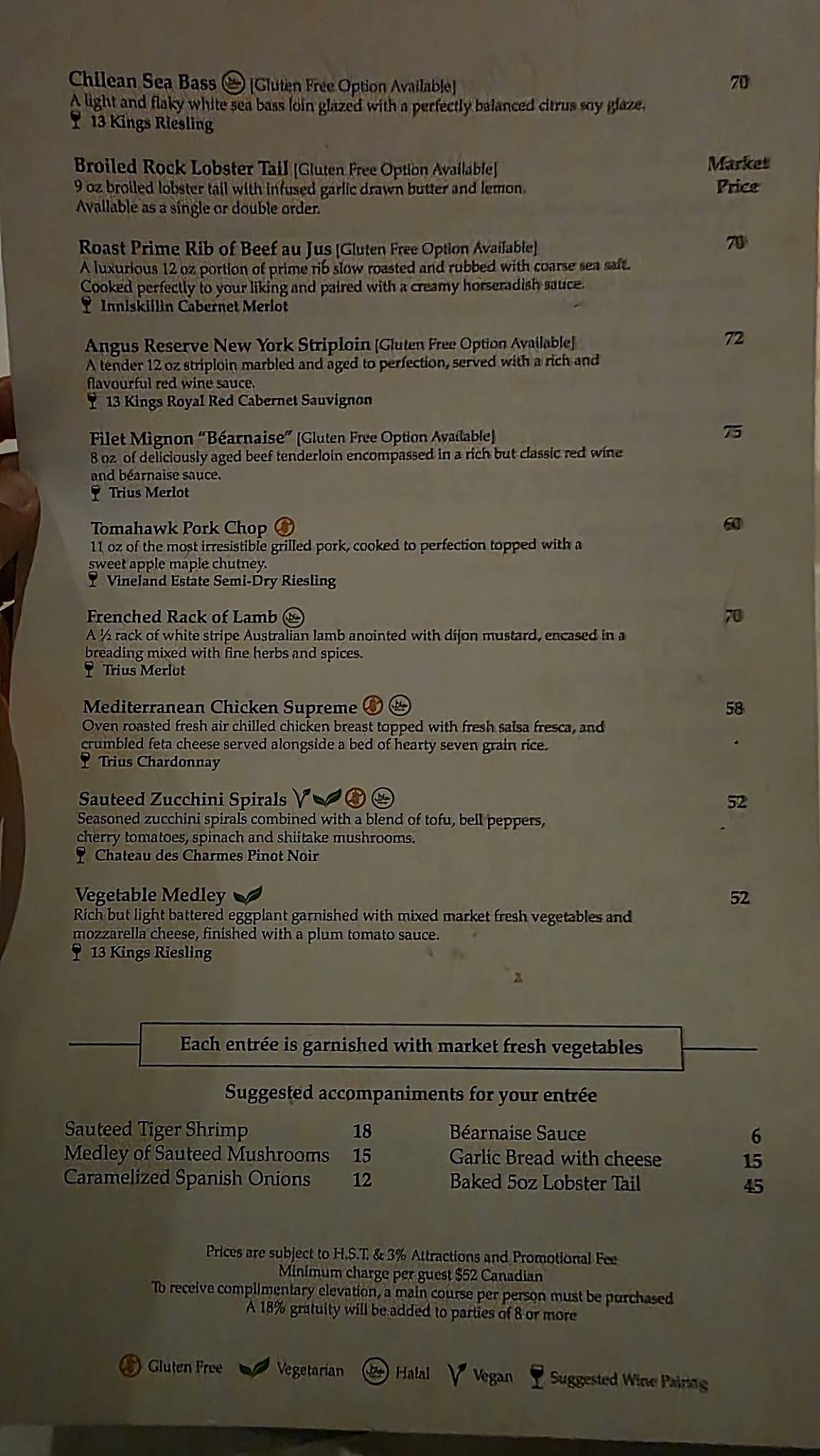 Menu de Skylon Tower Revolving Dining Room