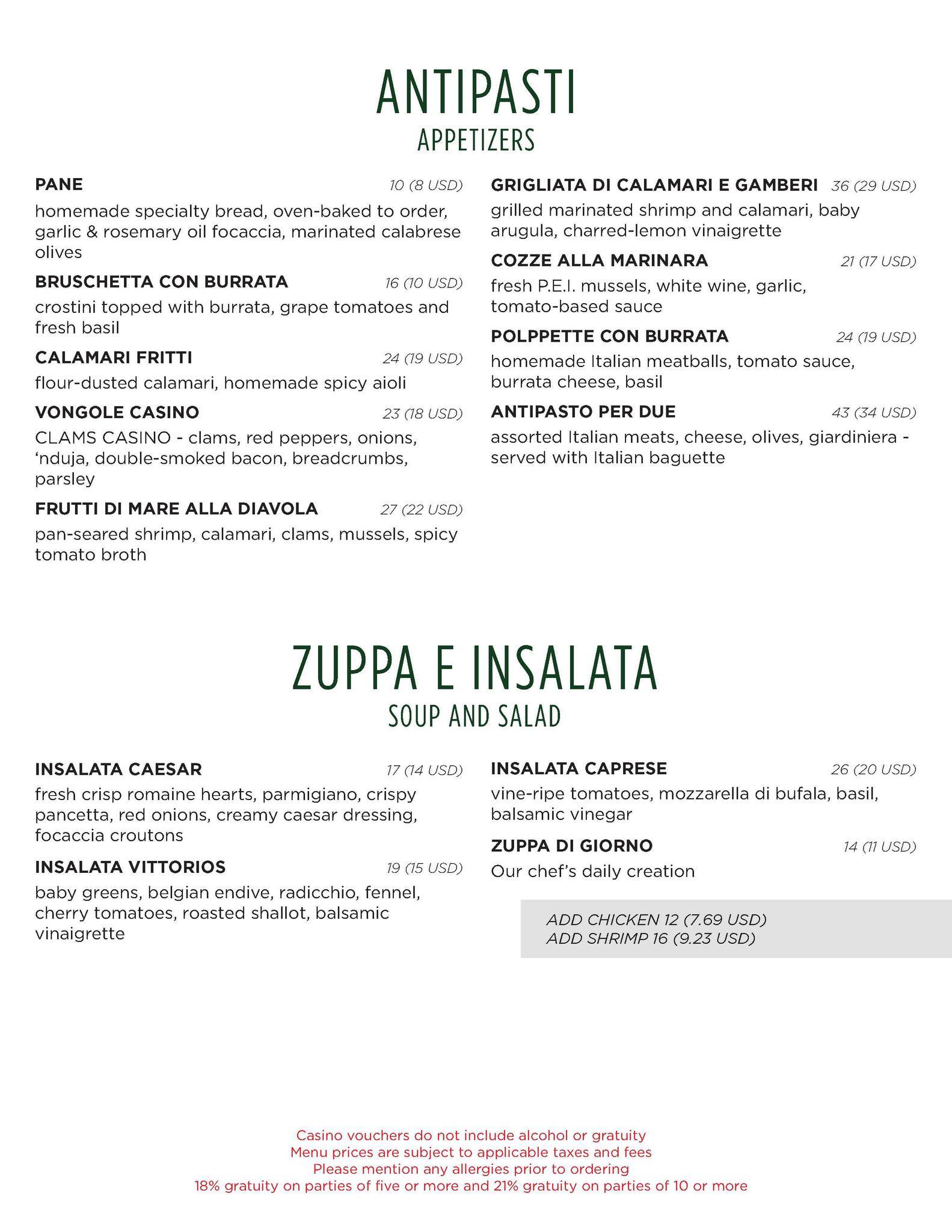 Menu at Vittorio's Italian Eatery restaurant, Niagara Falls