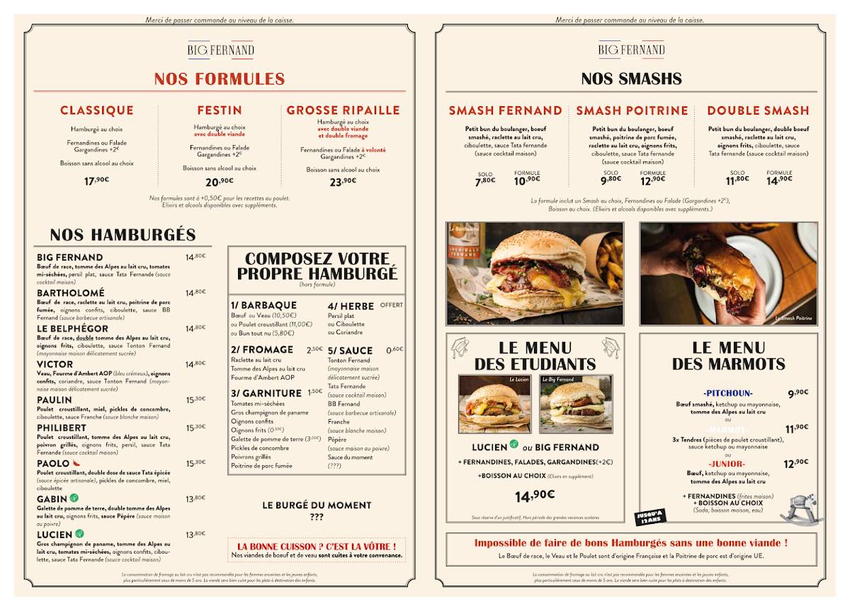 Menu de Big Fernand Nice