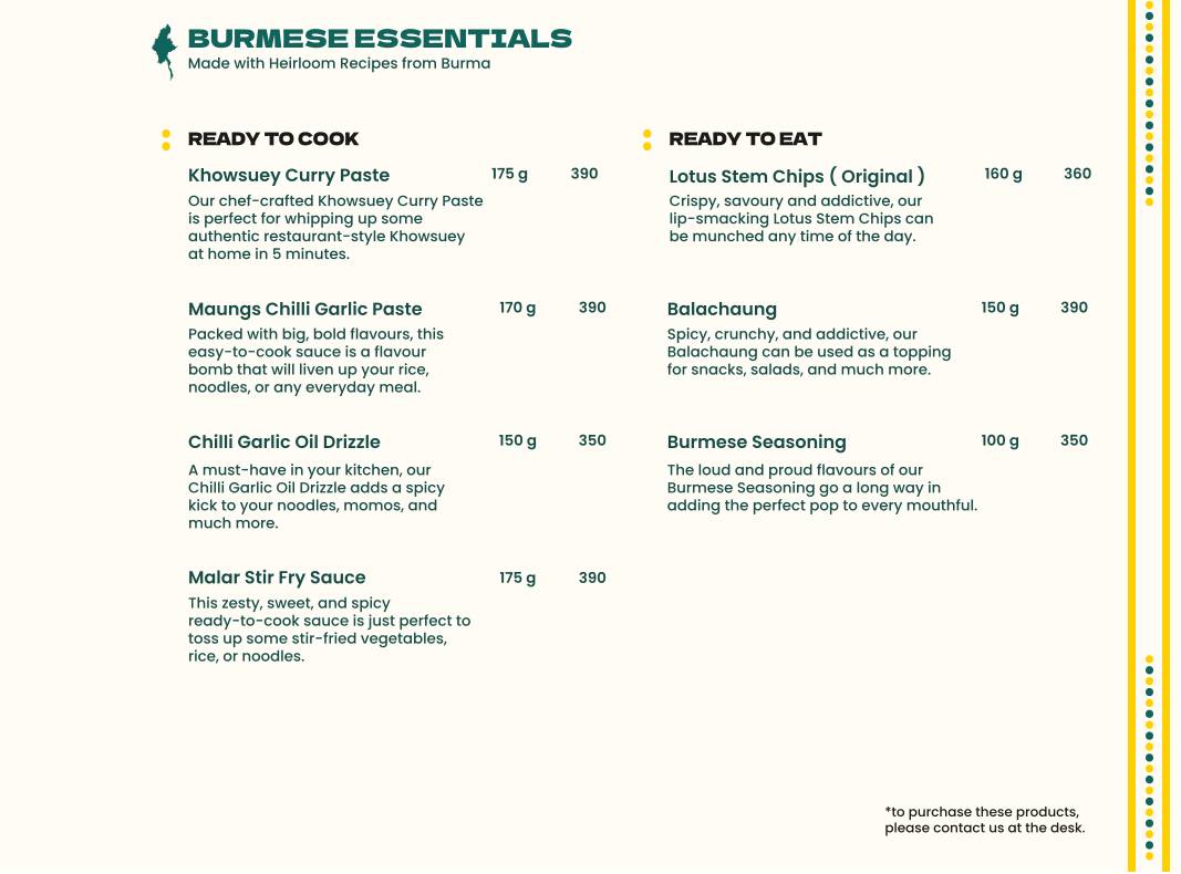 Burma Burma Restaurant & Tea Room menu