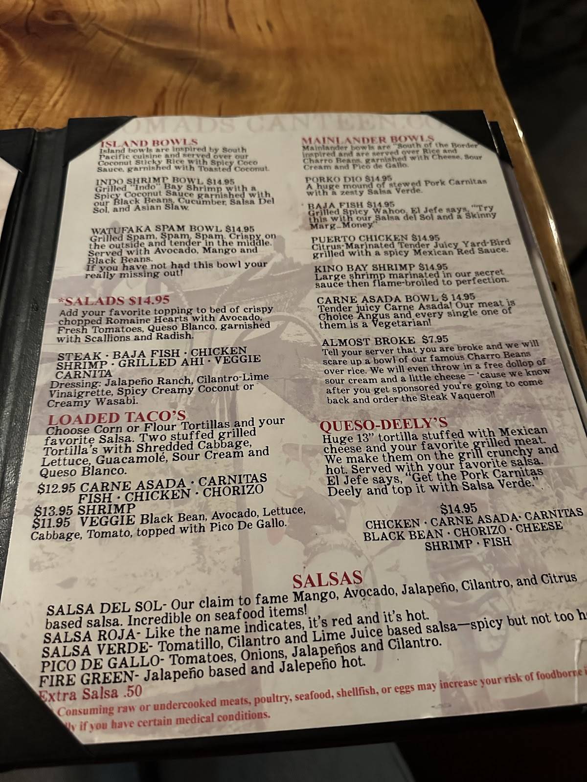 Menu at Nomads Canteen restaurant, San Clemente