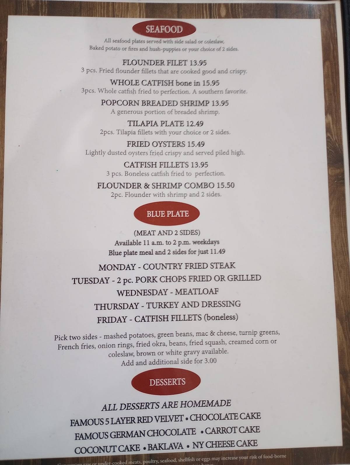 Menu at Old Country Diner restaurant, Abbeville