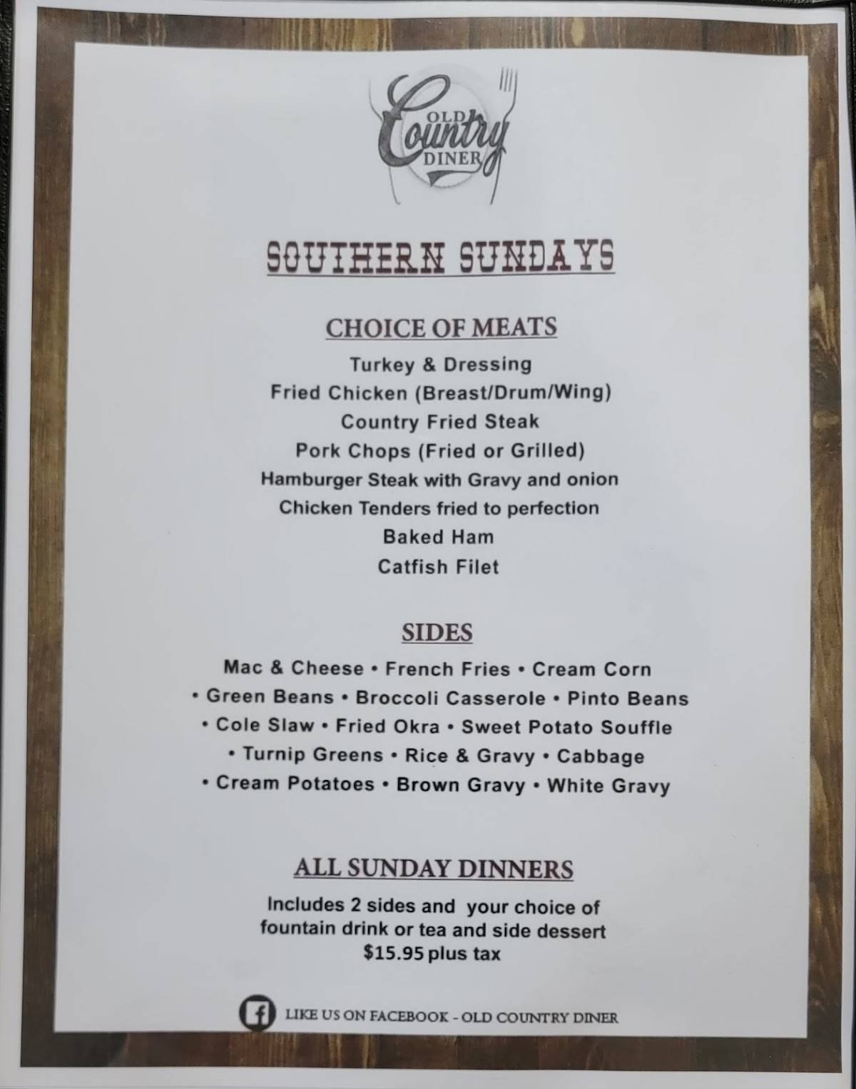 Menu at Old Country Diner restaurant, Abbeville