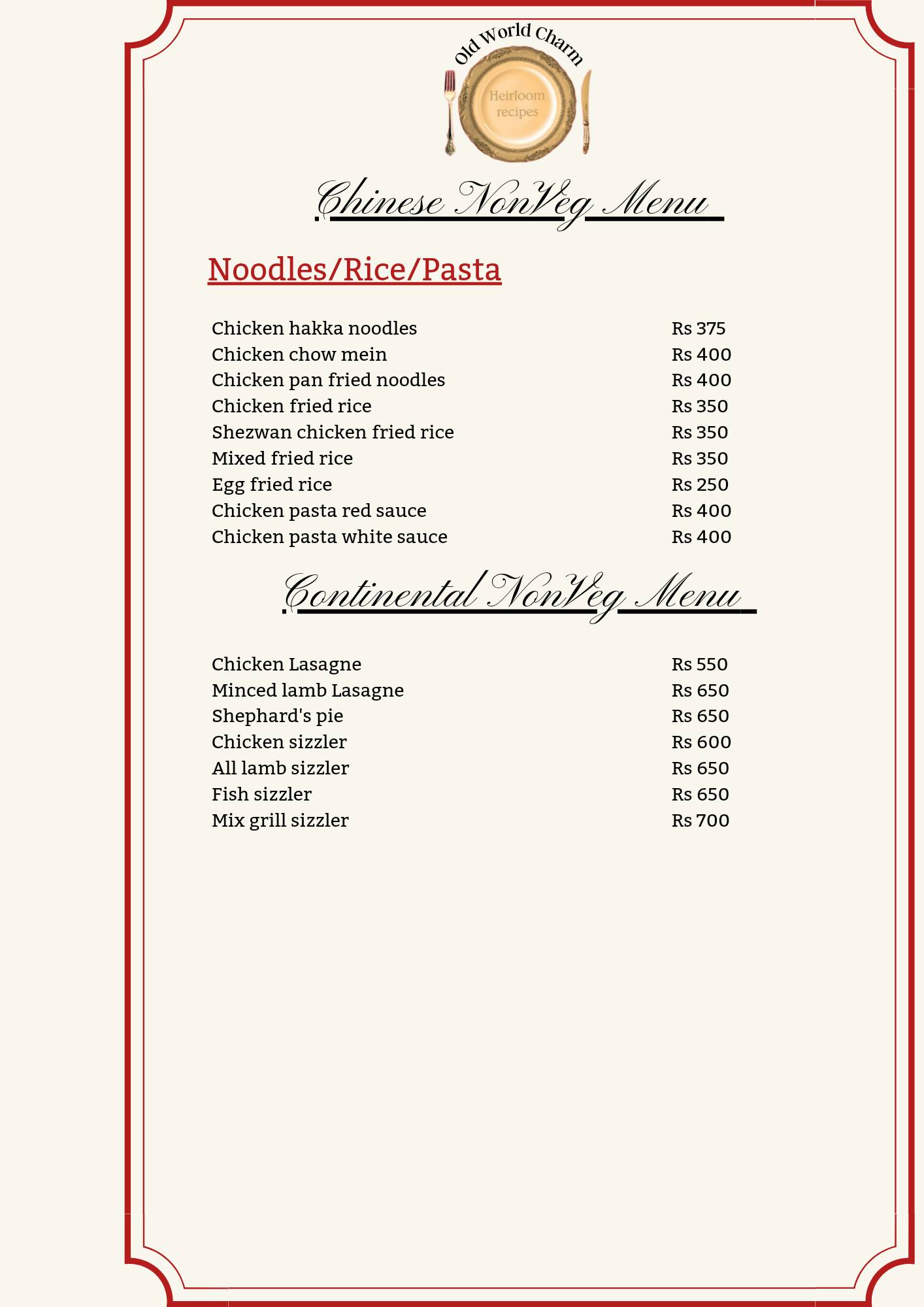 Old World Charm menu