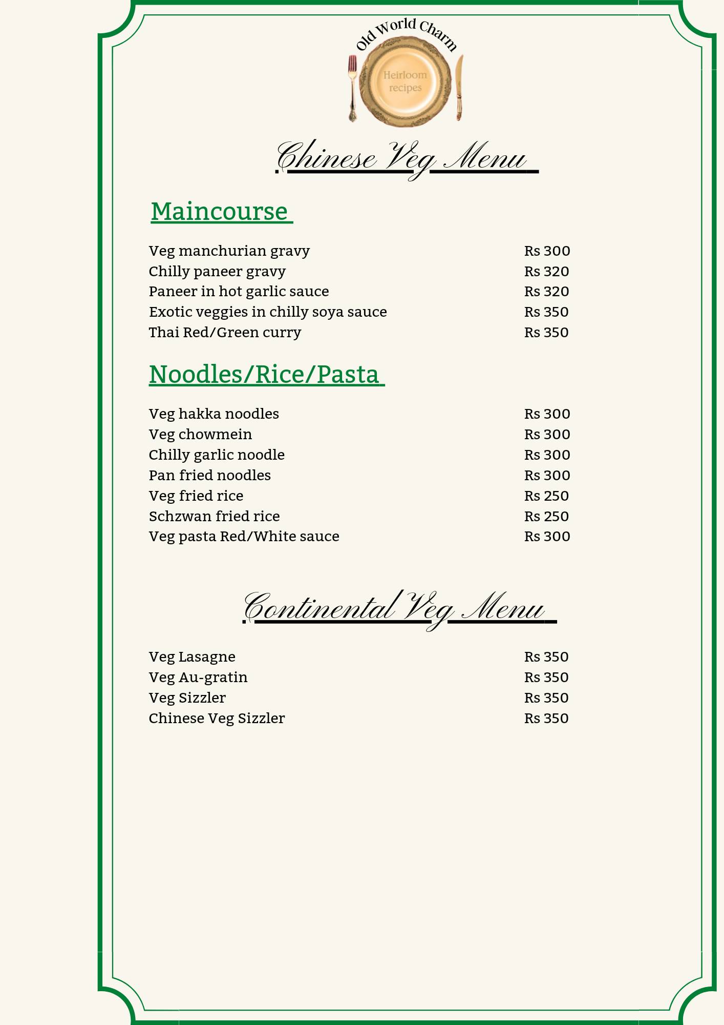 Old World Charm menu