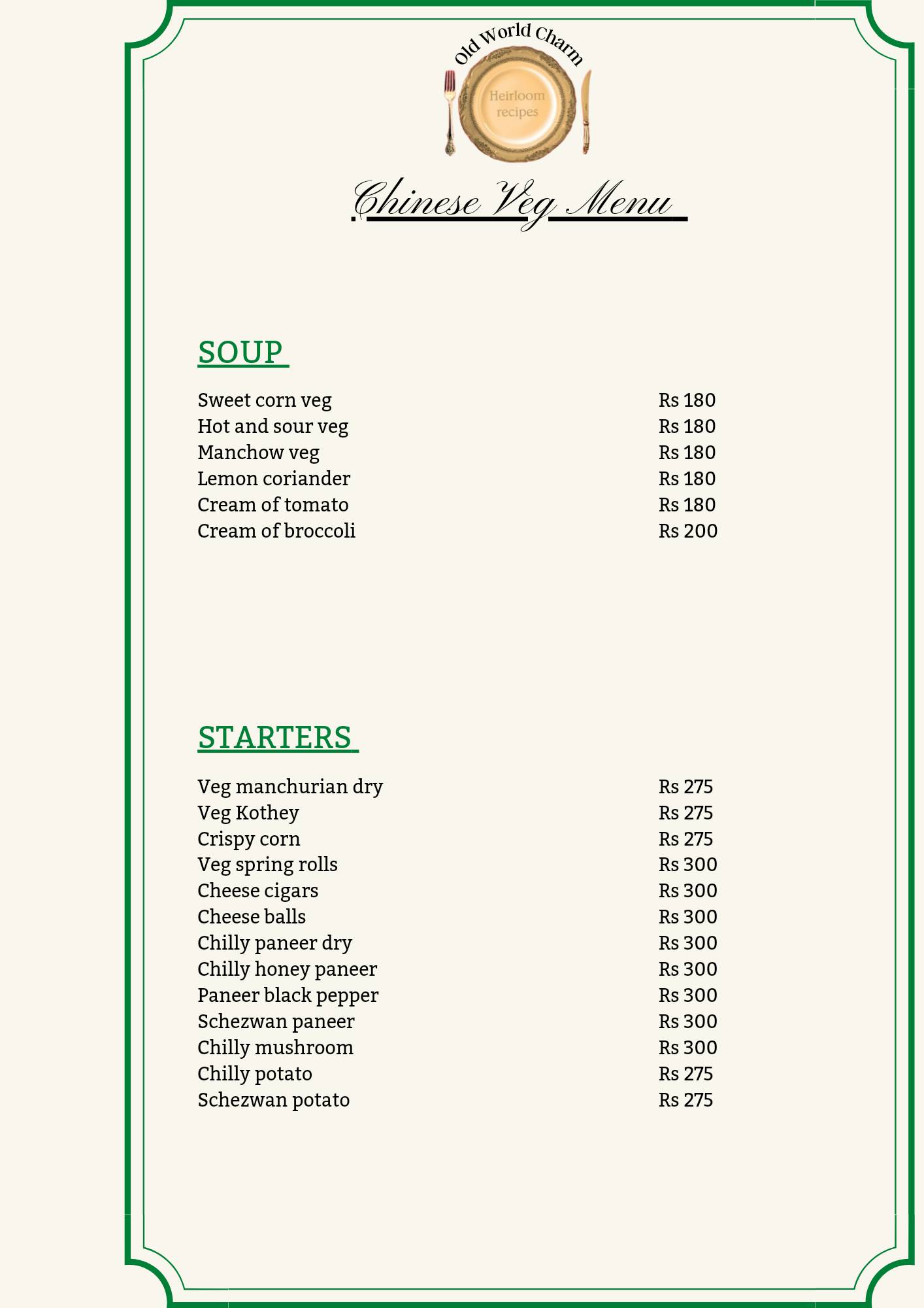 Old World Charm menu