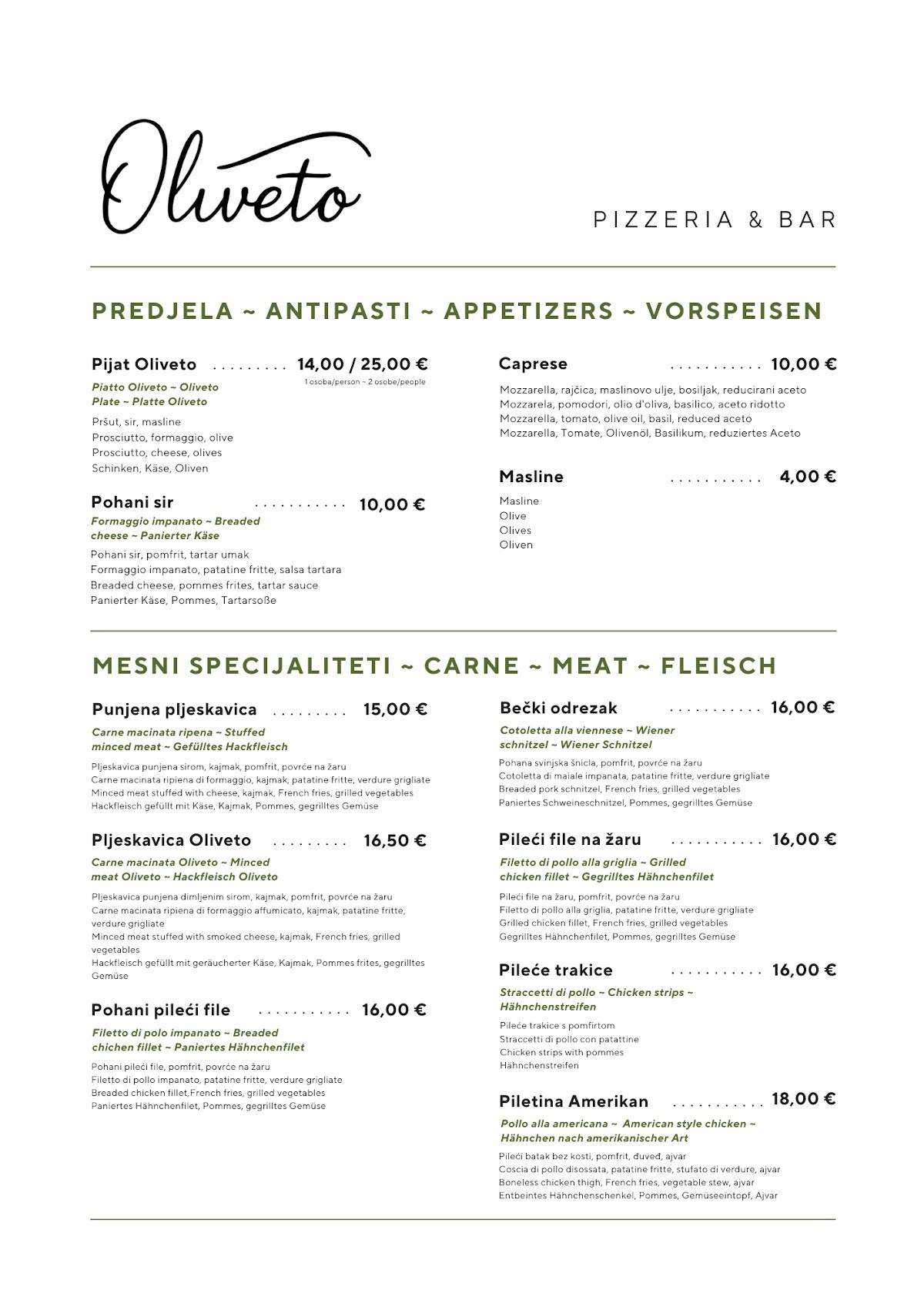 Menu di Oliveto Pizzeria & Bar 