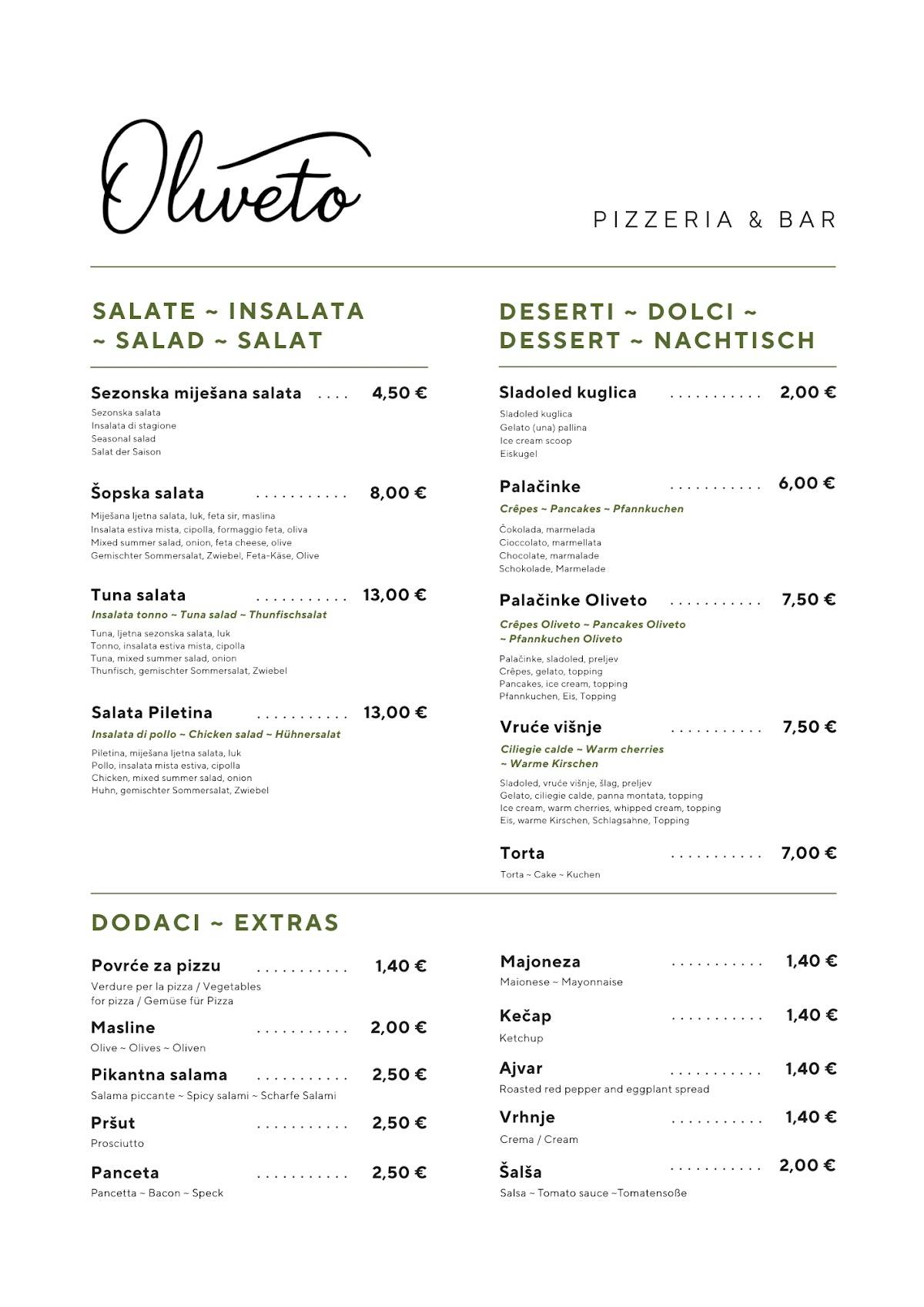 Menu di Oliveto Pizzeria & Bar 