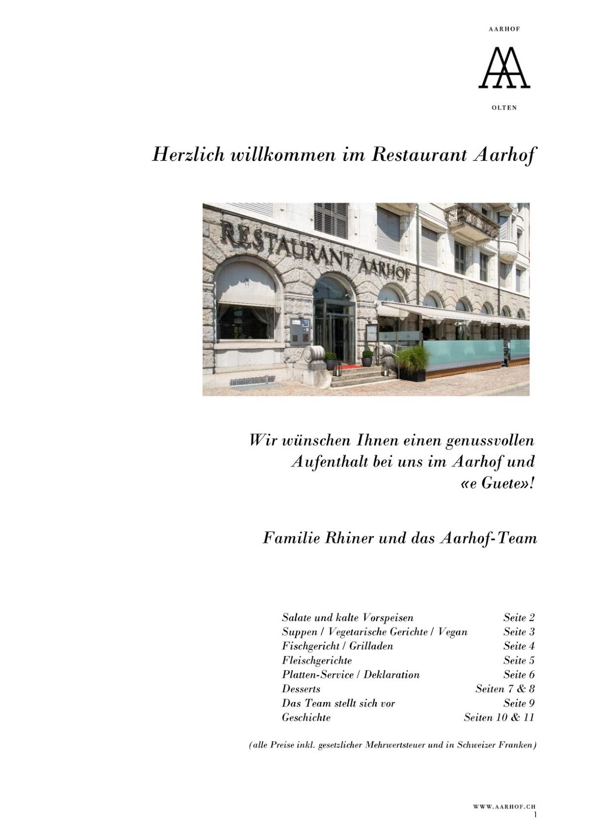 Menu de Restaurant Aarhof