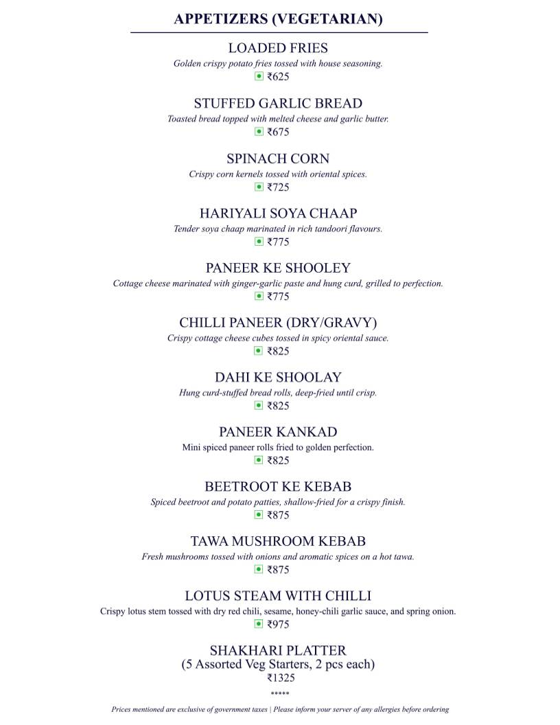 Once Upon A Time At The Bagh menu
