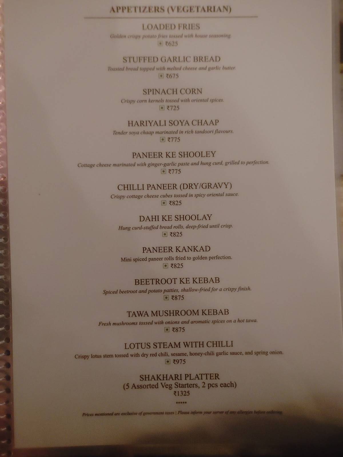 Once Upon A Time At The Bagh menu
