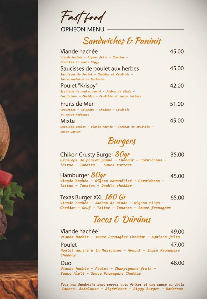 Menu de Opheon : Café, Restaurant, Pâtisserie & Glacier
