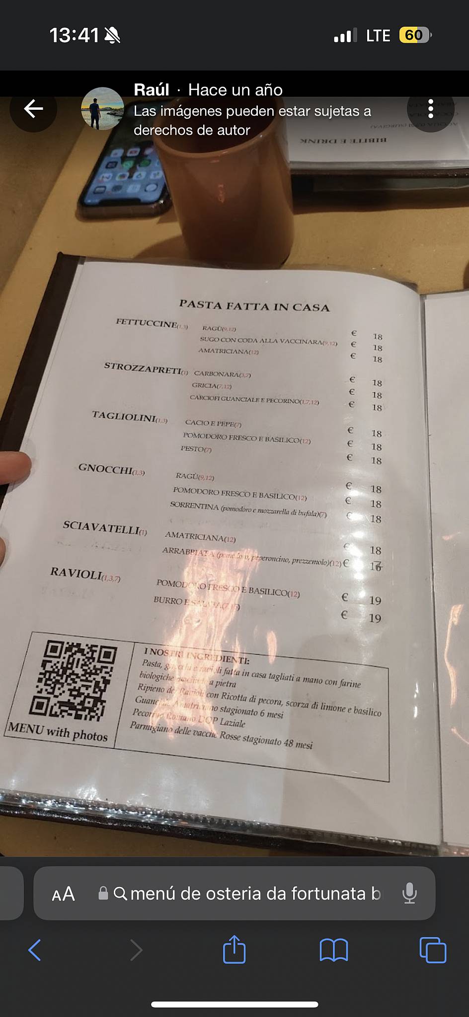 Menu di Osteria Da Fortunata - Milano 