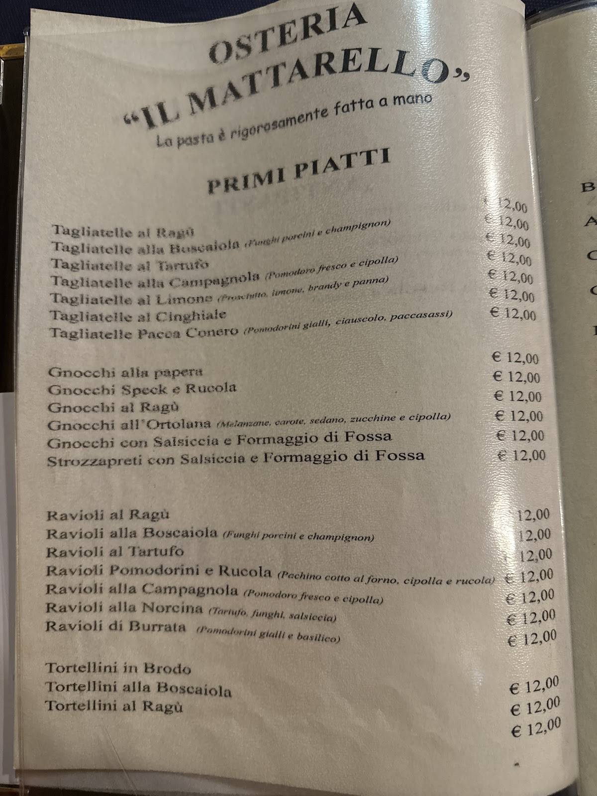 Menu di Osteria il Mattarello 