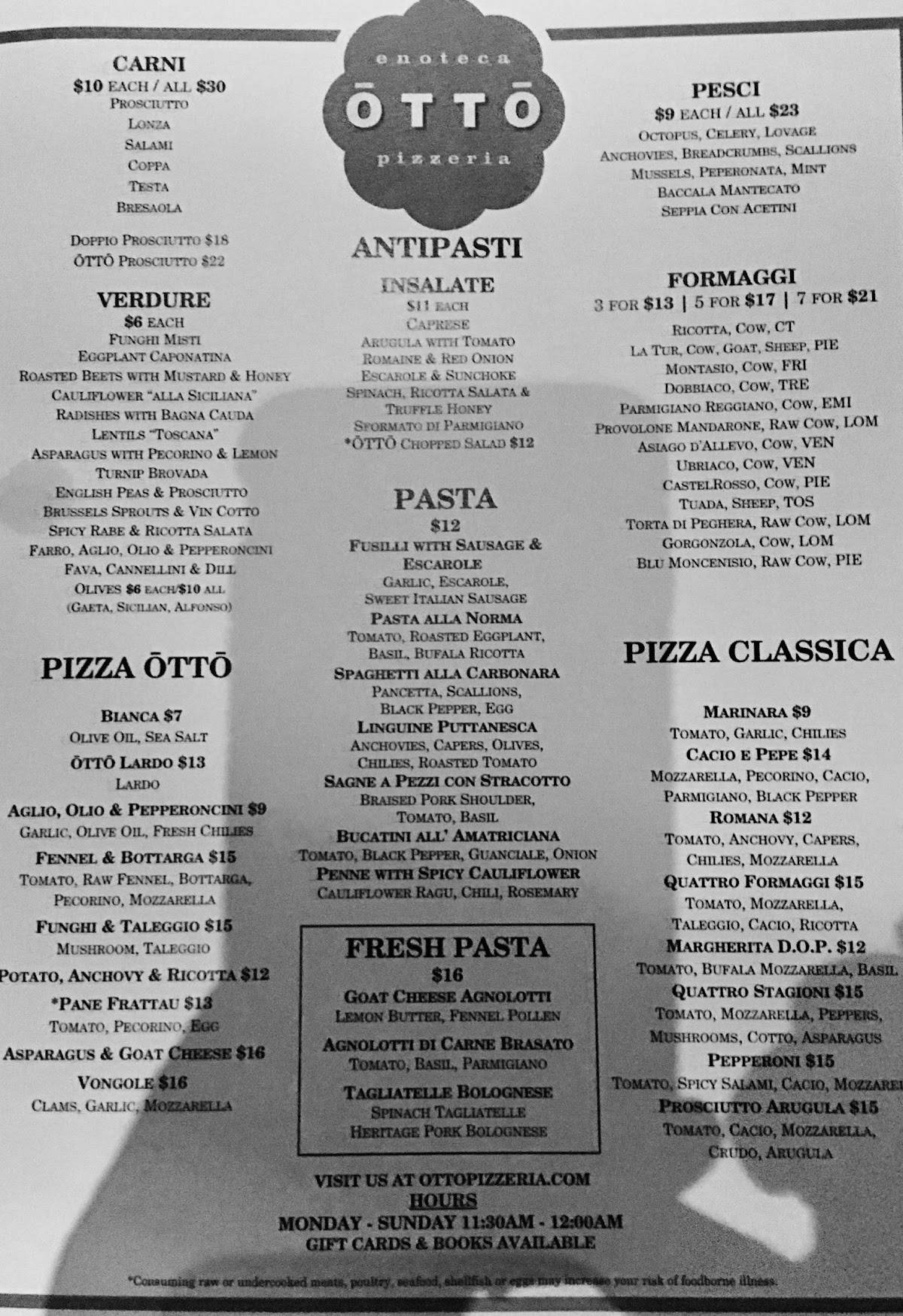 Menu at Otto Enoteca Pizzeria, New York City