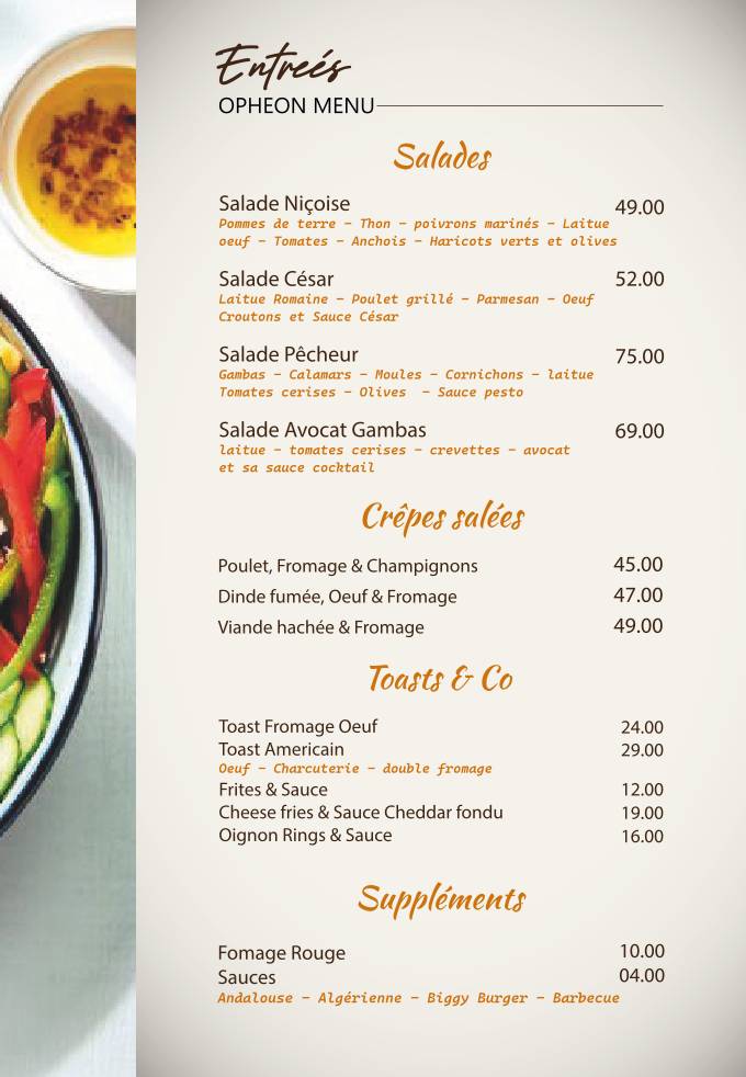 Menu de Opheon : Café, Restaurant, Pâtisserie & Glacier