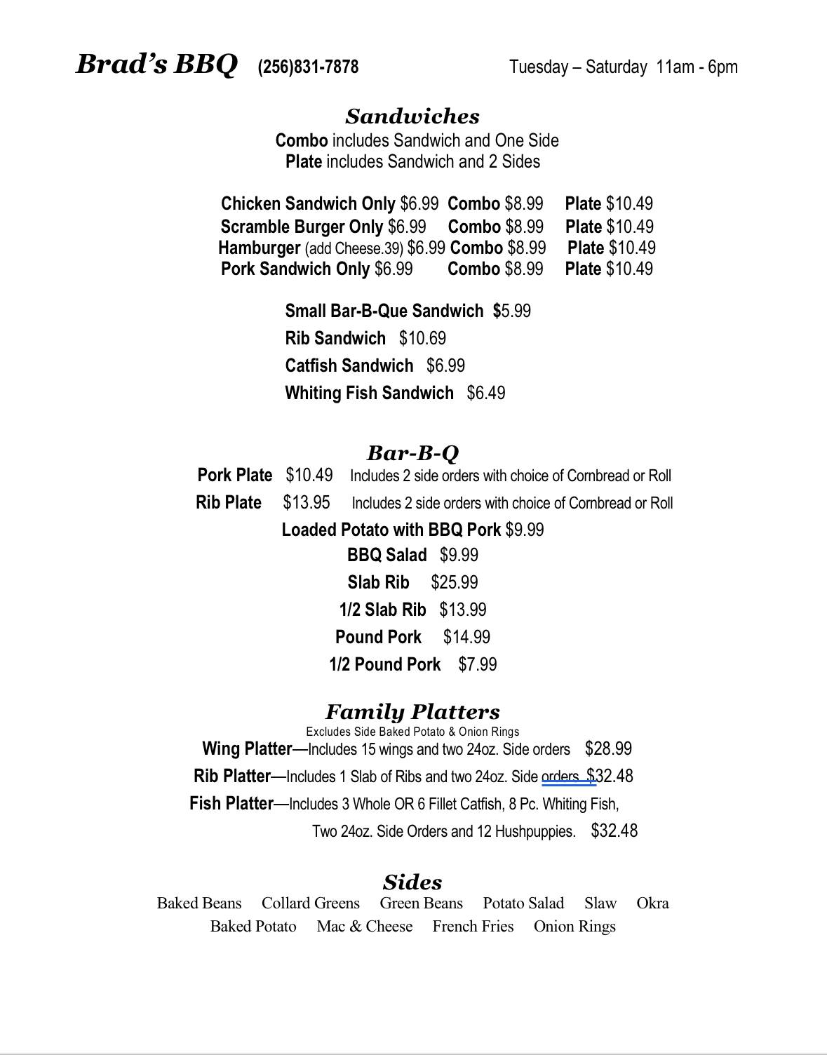 Menu at Brad's BarBQue, Oxford