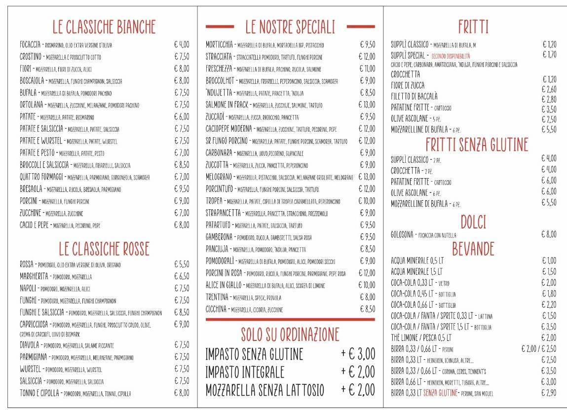 Menu de PIZZERIA AL SETACCIO - ANCHE PIZZA SENZA GLUTINE