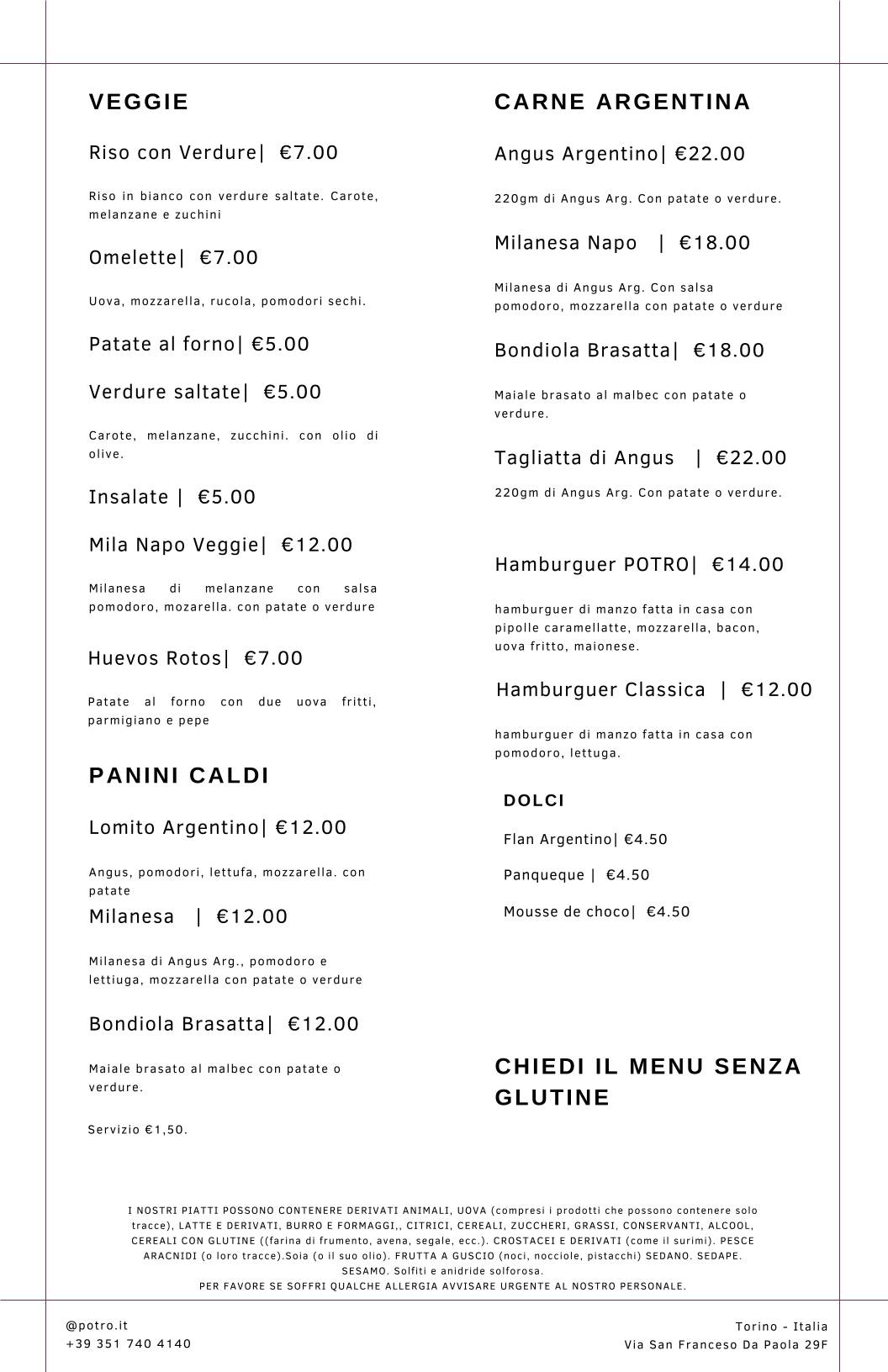 Menu di POTRO Tradición Argentina 