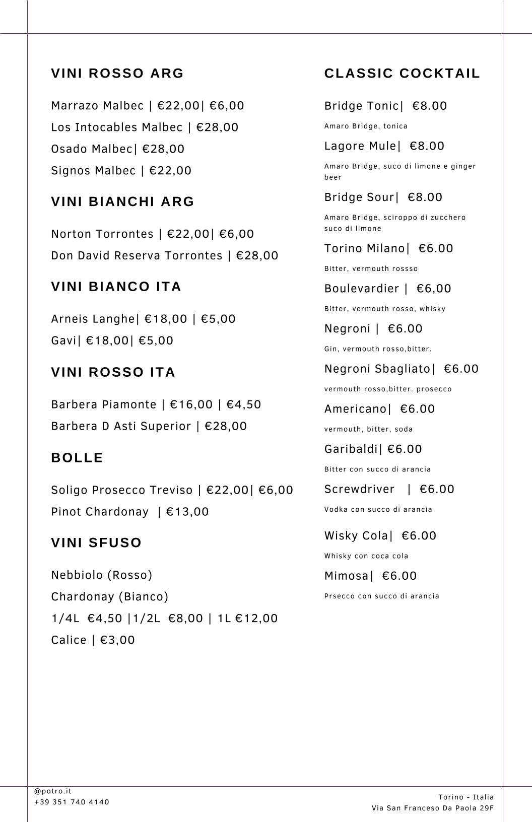 Menu di POTRO Tradición Argentina 