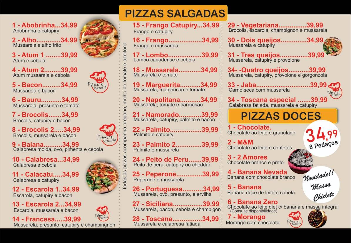 PRIMO'S PIZZARIA cardápio
