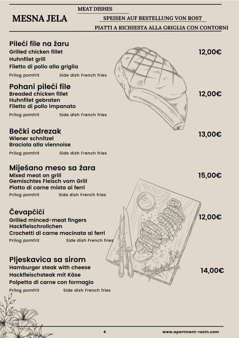 Menu di Restaurant Adriatic and Apartments Villa Ruža 