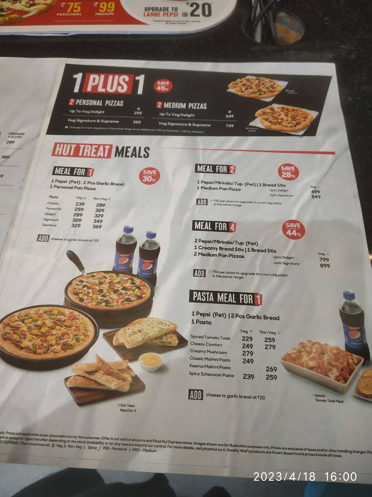 Pizza Hut Kottaramattom, Pala menu