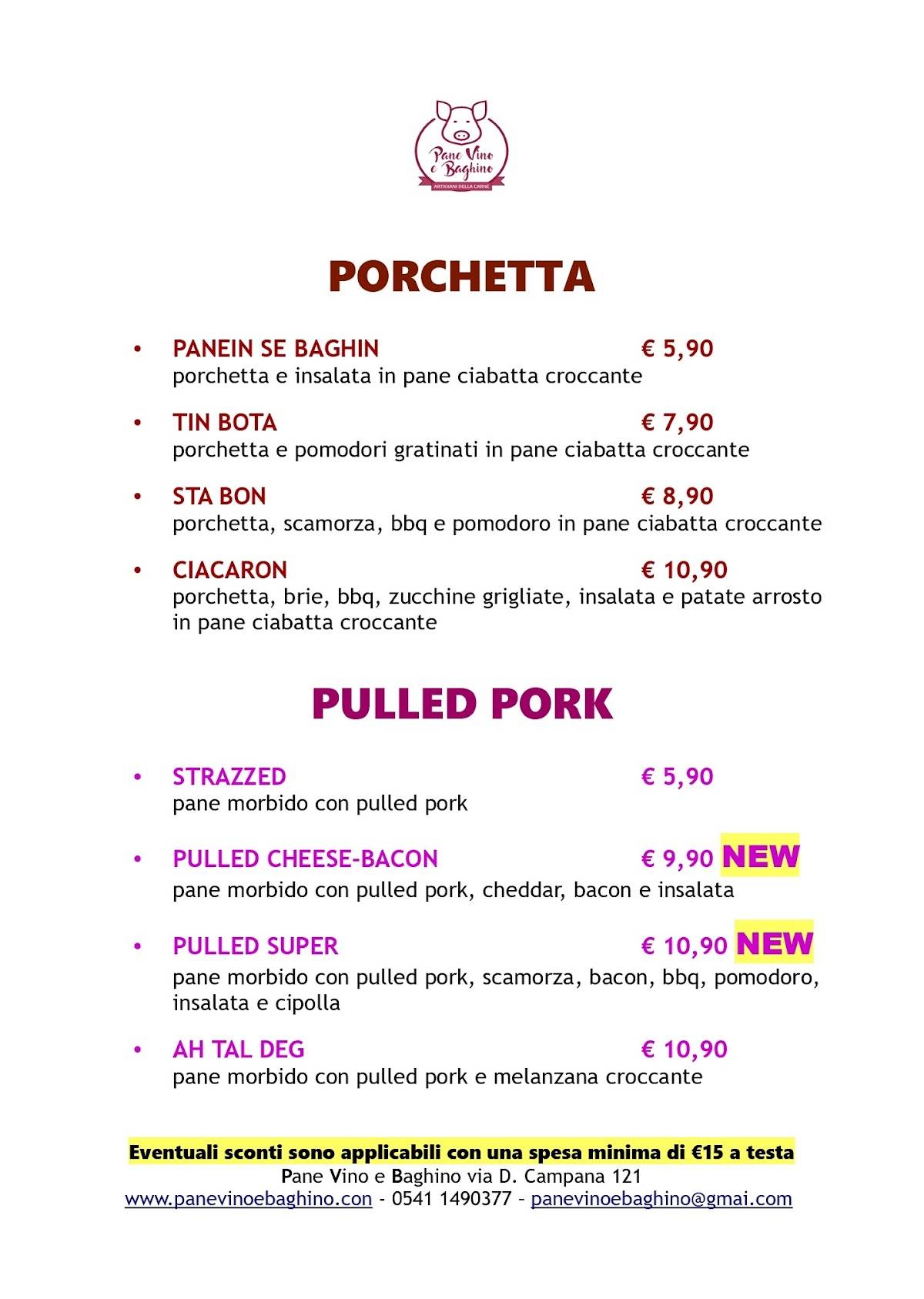 Menu di Pane Vino e Baghino 
