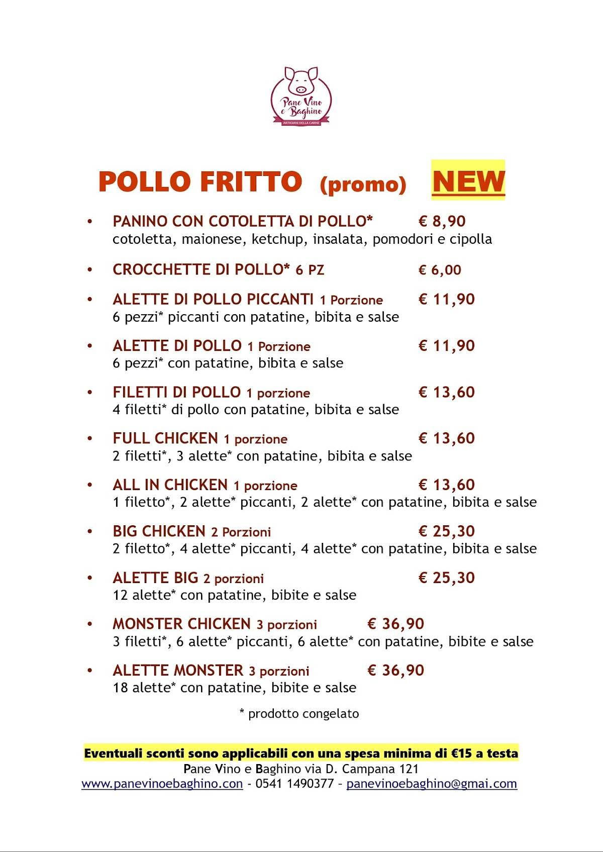Menu di Pane Vino e Baghino 