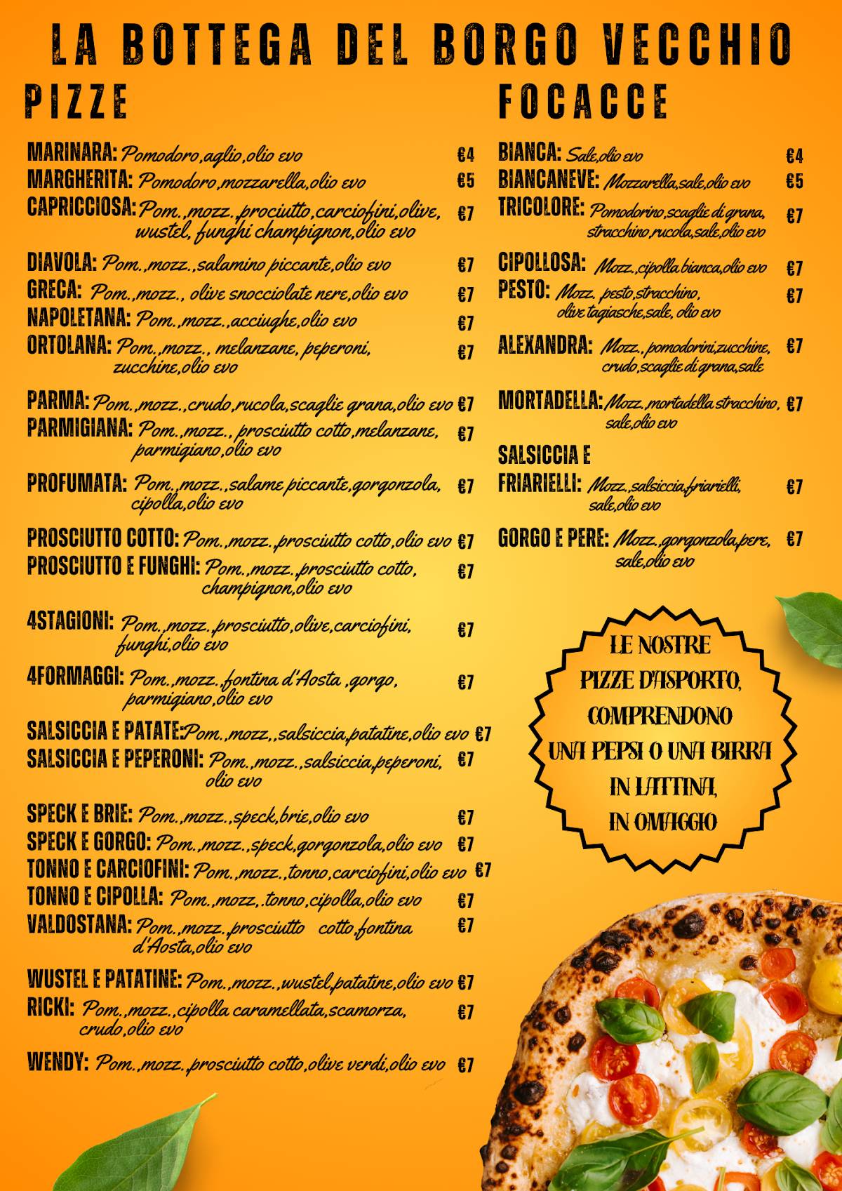 Menu di Pizzeria Asporto Avigliana | La Bottega Del Borgo Vecchio | Panificio e Alimentari 