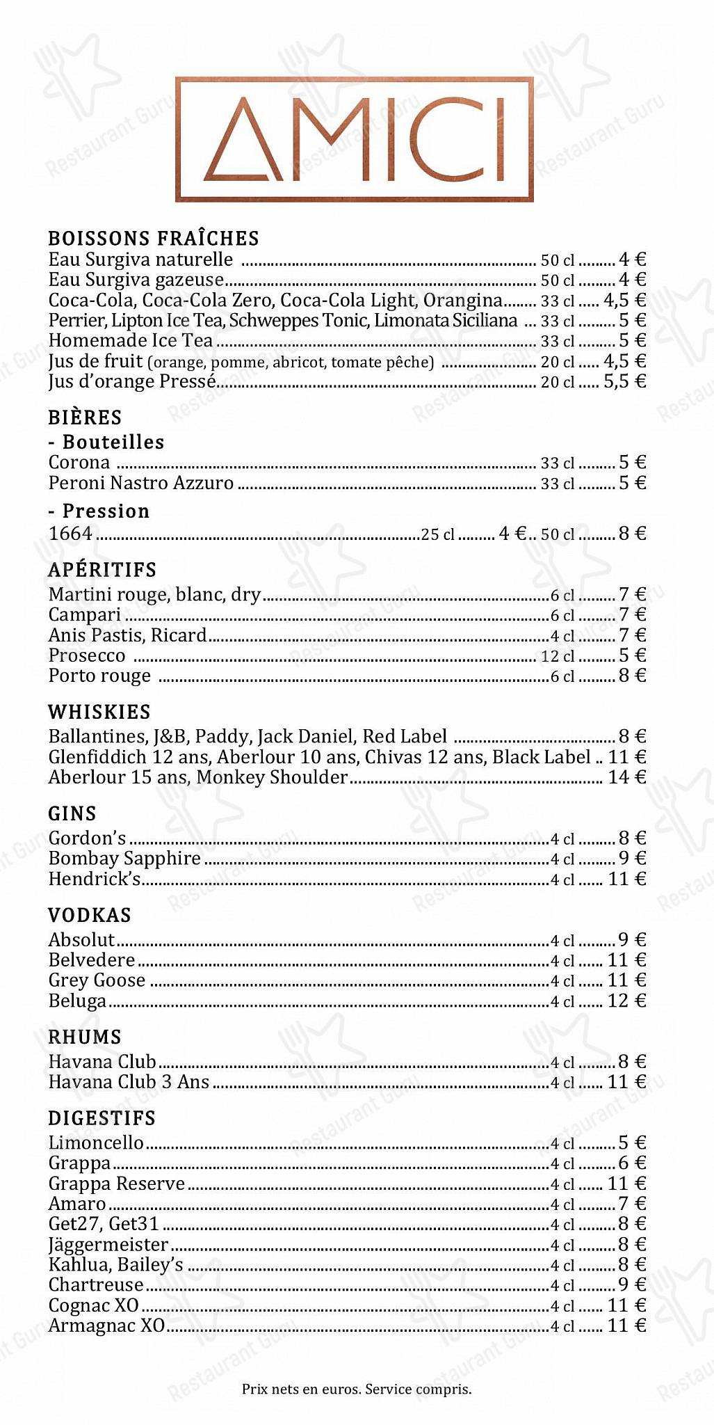 Menu pour Amici - Bar à vins italiens - Крафт меню