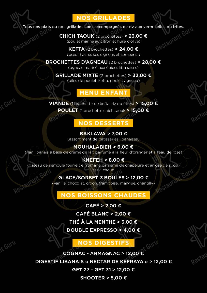 Menu pour Helem - repas et boissons