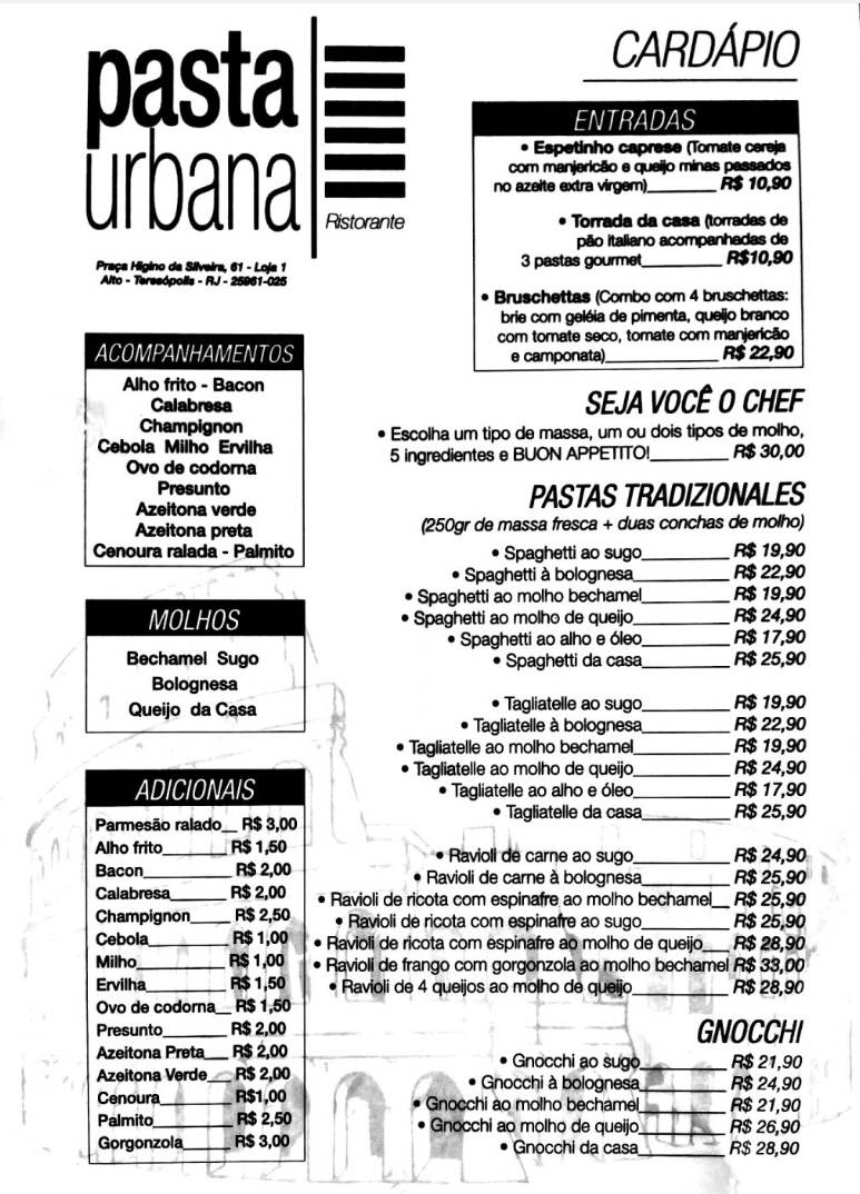 Menu em Pasta Urbana Ristorante restaurante, Teresópolis