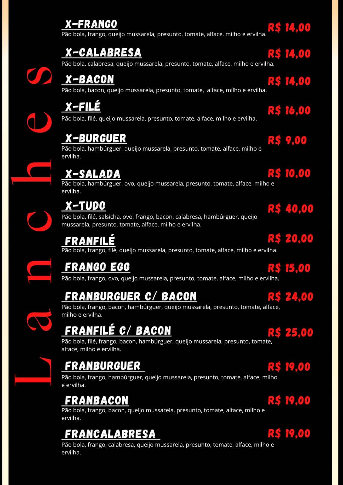 Paulinho Lanches cardápio