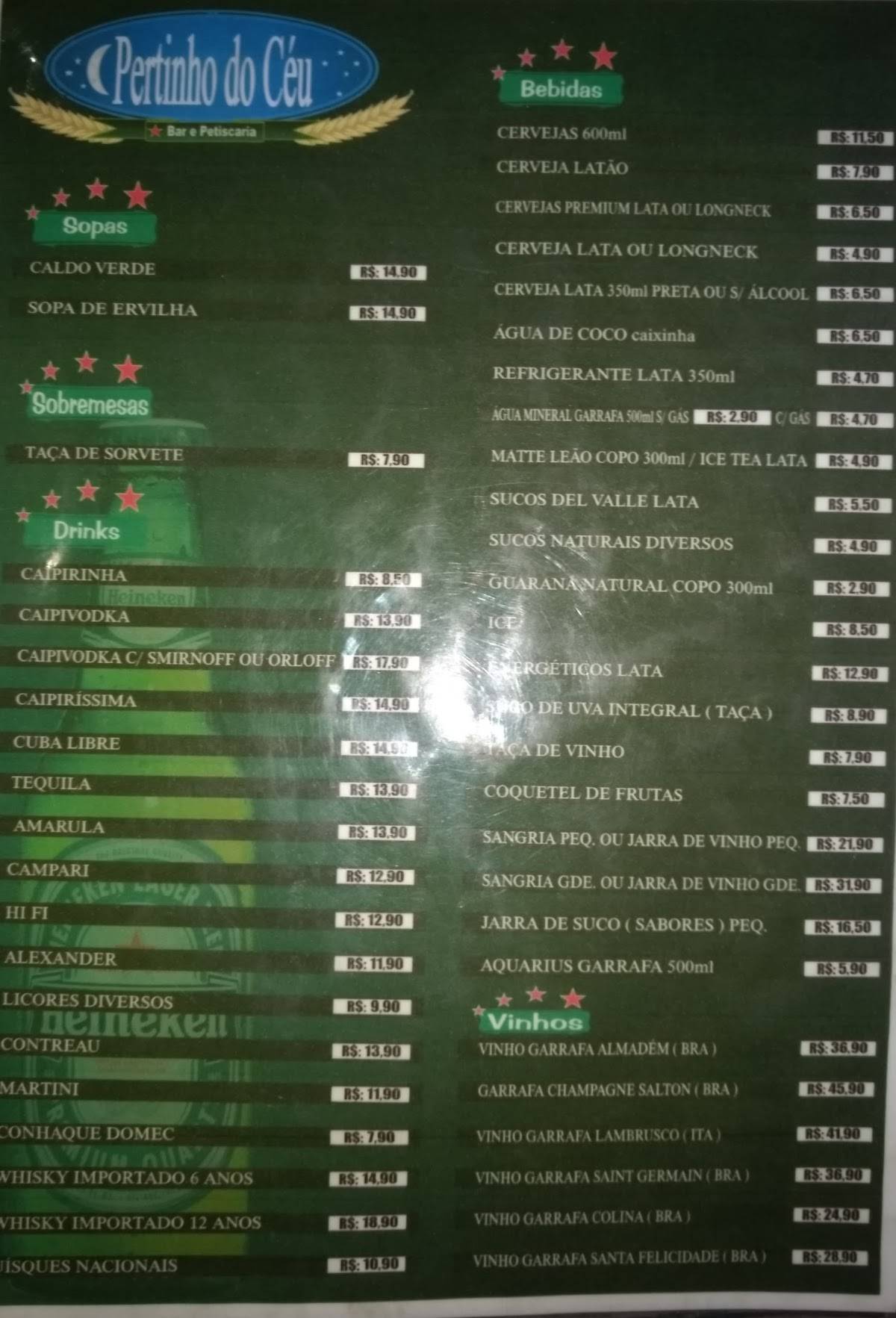 Menu at Pertinho do Céu pub bar Rio de Janeiro